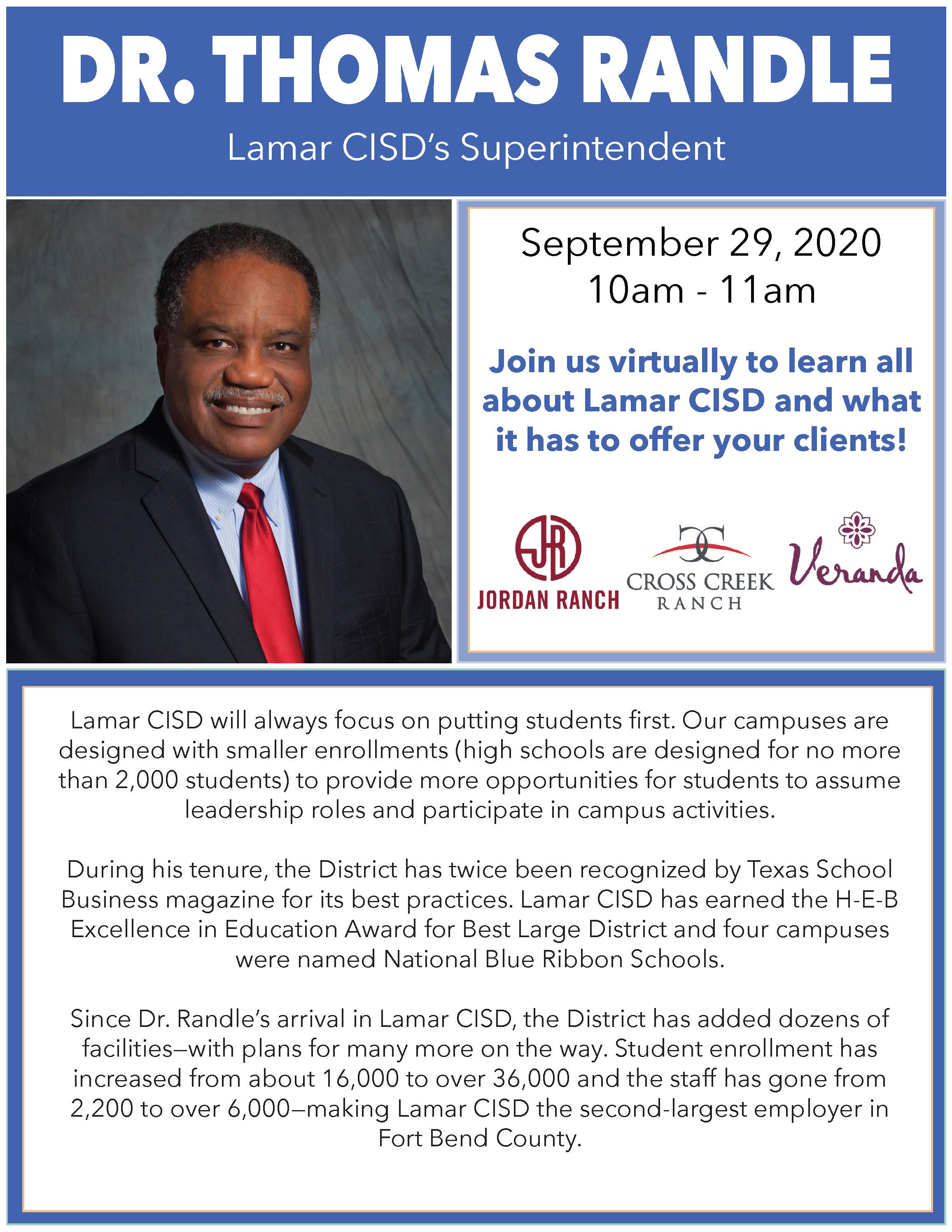 Lamar CISD's Superintendent, Dr. Thomas Randle, Special Presentation Virtually